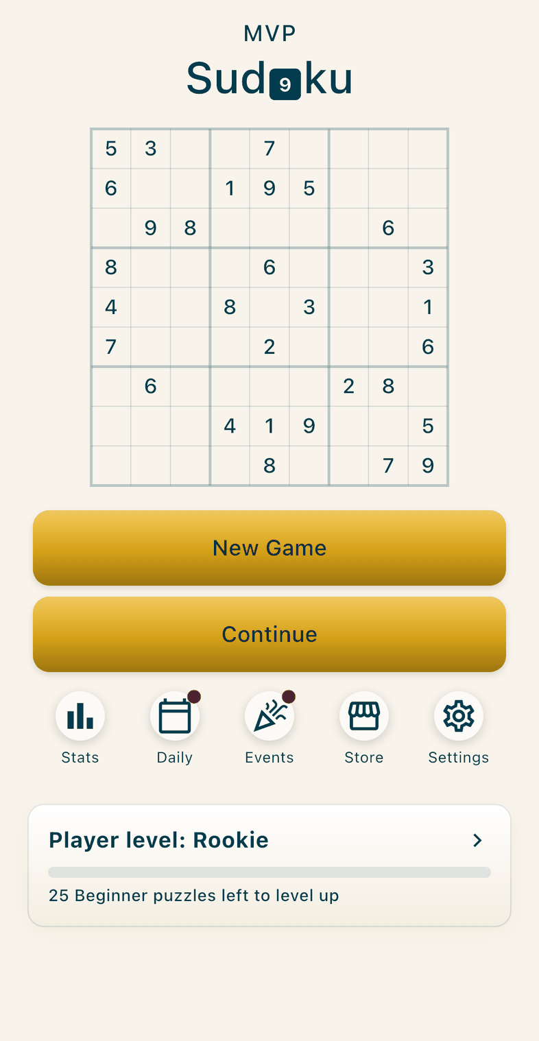 The Home screen: the MVP Sudoku title above a sample puzzle, the New Game and Continue buttons, the Stats, Daily, Events, Store and Settings icons with red dots on Daily and Events, and the player level card.