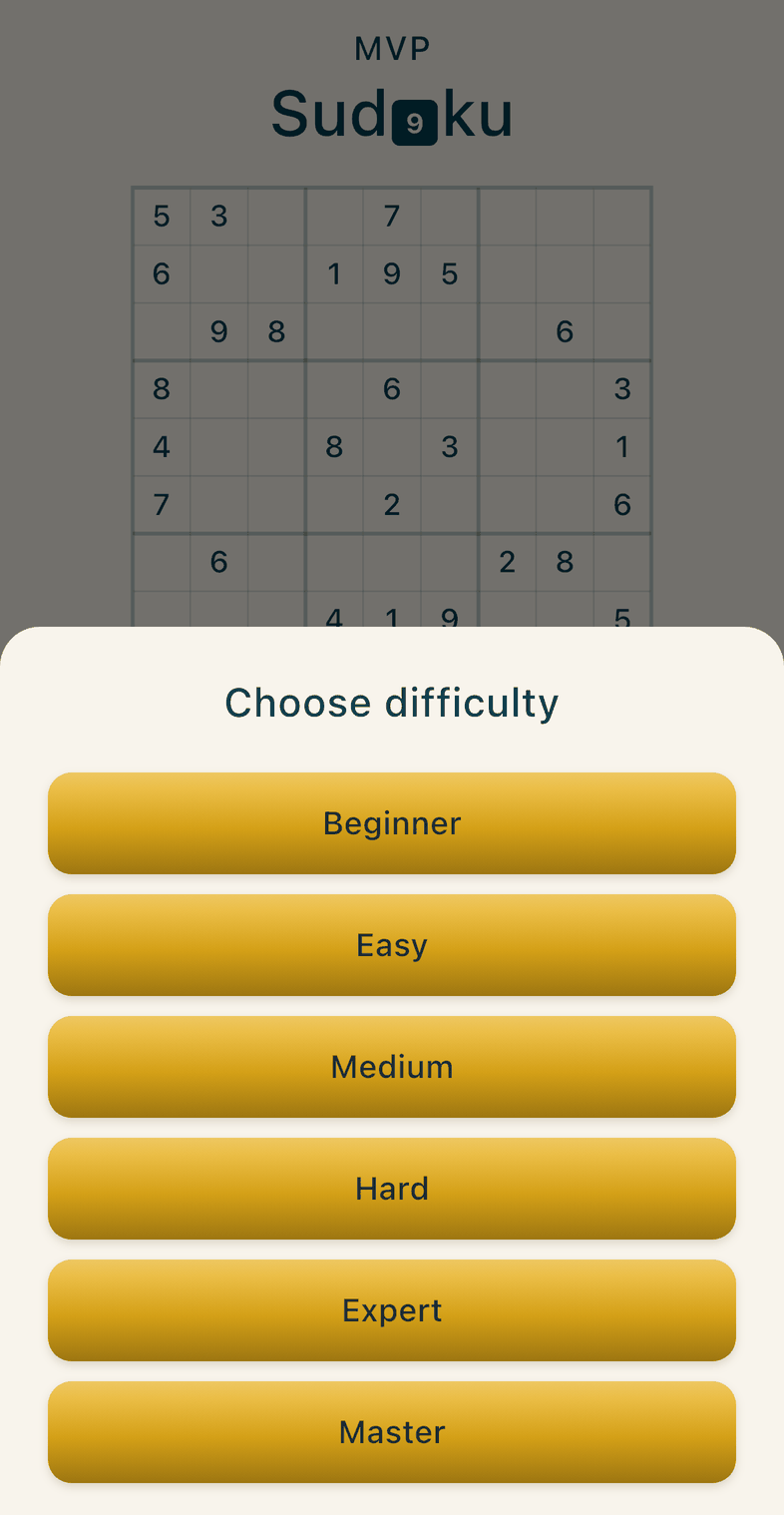 The Choose difficulty list open over the Home screen, with buttons for Beginner, Easy, Medium, Hard, Expert and Master.