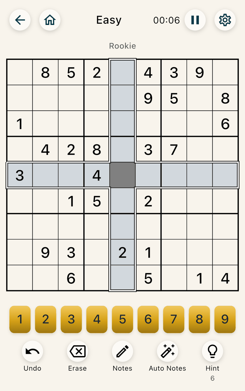 An Easy game. Along the top: the back arrow, Home, the difficulty, the timer, Pause and the gear, with the player level under them. Below: the board with one empty cell selected and its row and column shaded, the number buttons 1 to 9, and Undo, Erase, Notes, Auto Notes and Hint.