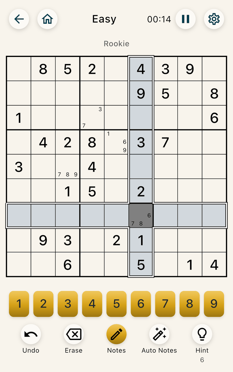The same game with Notes on: the Notes button is gold and four cells hold small notes.