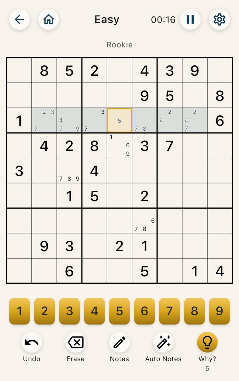 A hint showing: one row is shaded, the cell to fill is outlined in gold with a small 5 in it, and the Hint button now reads Why?, with 5 hints left.
