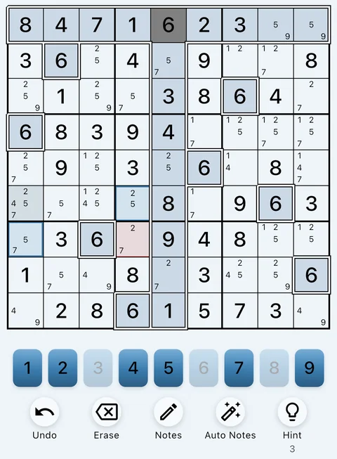 The Arctic theme in light mode: a Sudoku board, the number buttons and the Undo, Erase, Notes, Auto Notes and Hint buttons.
