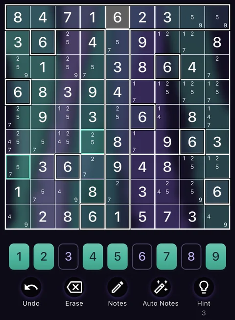 The Aurora Drift theme in dark mode: a Sudoku board, the number buttons and the Undo, Erase, Notes, Auto Notes and Hint buttons.