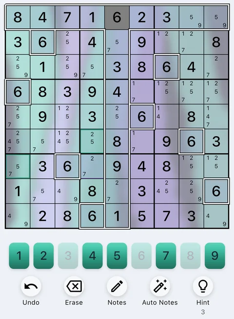 The Aurora Drift theme in light mode: a Sudoku board, the number buttons and the Undo, Erase, Notes, Auto Notes and Hint buttons.