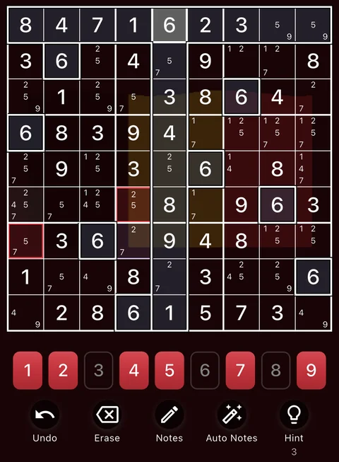 The Belgium theme in dark mode: a Sudoku board, the number buttons and the Undo, Erase, Notes, Auto Notes and Hint buttons.