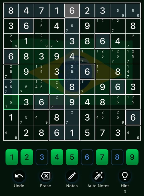 The Brazil theme in dark mode: a Sudoku board, the number buttons and the Undo, Erase, Notes, Auto Notes and Hint buttons.