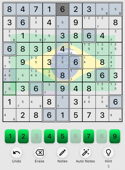 The Brazil theme in light mode: a Sudoku board, the number buttons and the Undo, Erase, Notes, Auto Notes and Hint buttons.