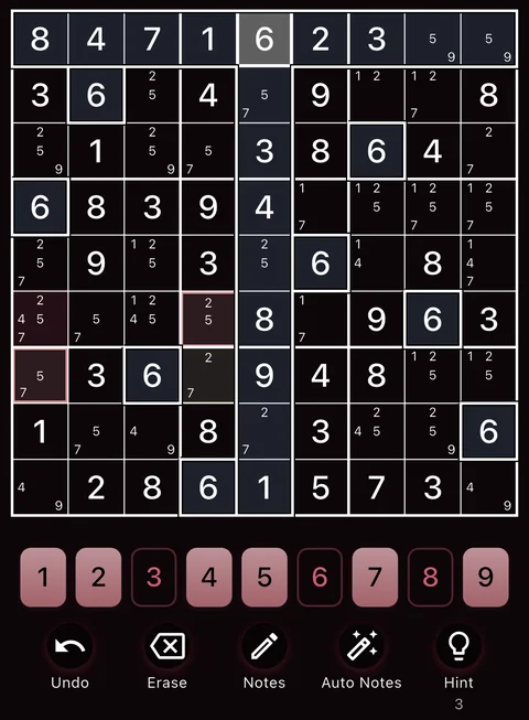 The Burgundy theme in dark mode: a Sudoku board, the number buttons and the Undo, Erase, Notes, Auto Notes and Hint buttons.