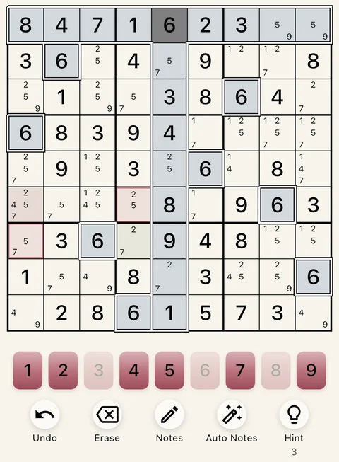 The Burgundy theme in light mode: a Sudoku board, the number buttons and the Undo, Erase, Notes, Auto Notes and Hint buttons.