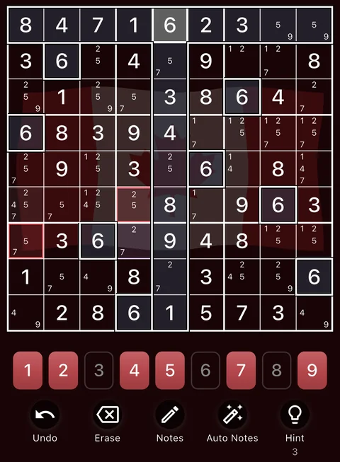 The Canada theme in dark mode: a Sudoku board, the number buttons and the Undo, Erase, Notes, Auto Notes and Hint buttons.