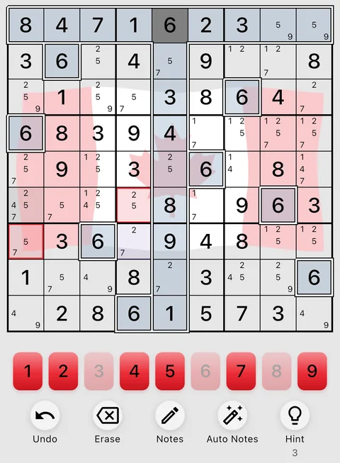 The Canada theme in light mode: a Sudoku board, the number buttons and the Undo, Erase, Notes, Auto Notes and Hint buttons.