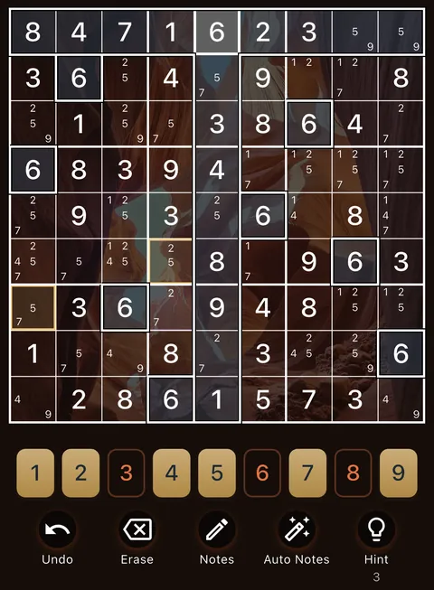 The Canyon theme in dark mode: a Sudoku board, the number buttons and the Undo, Erase, Notes, Auto Notes and Hint buttons.