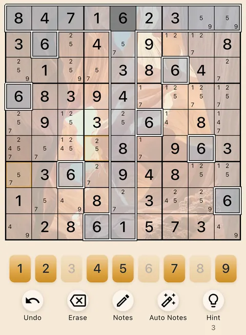 The Canyon theme in light mode: a Sudoku board, the number buttons and the Undo, Erase, Notes, Auto Notes and Hint buttons.