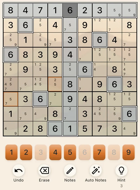 The Desert Dune theme in light mode: a Sudoku board, the number buttons and the Undo, Erase, Notes, Auto Notes and Hint buttons.