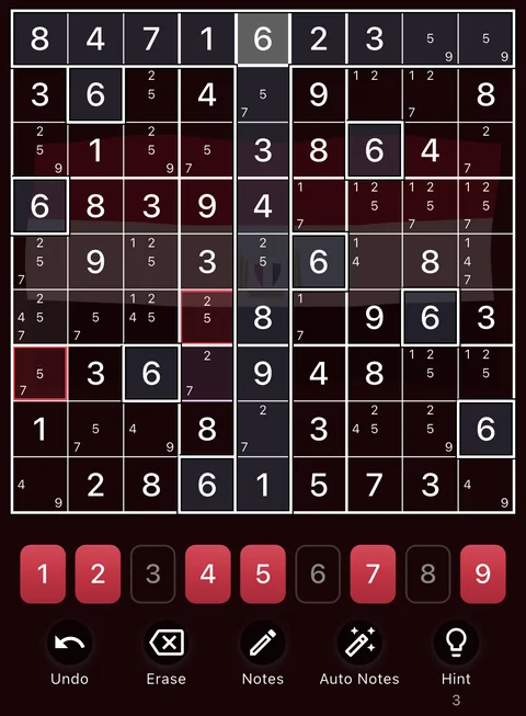 The Egypt theme in dark mode: a Sudoku board, the number buttons and the Undo, Erase, Notes, Auto Notes and Hint buttons.