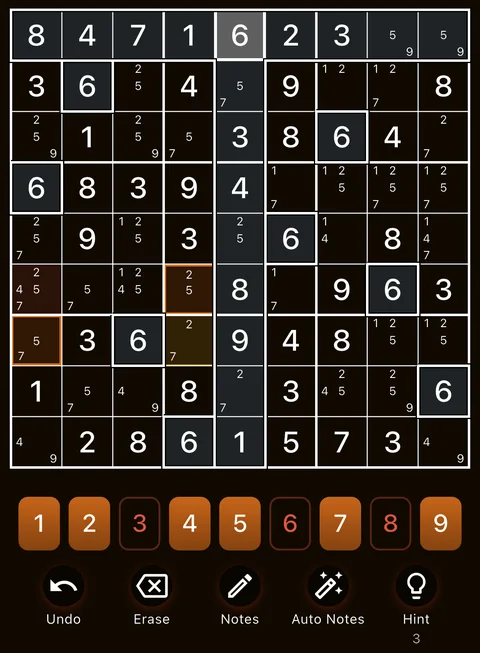 The Ember theme in dark mode: a Sudoku board, the number buttons and the Undo, Erase, Notes, Auto Notes and Hint buttons.