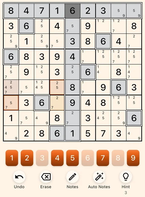 The Ember theme in light mode: a Sudoku board, the number buttons and the Undo, Erase, Notes, Auto Notes and Hint buttons.