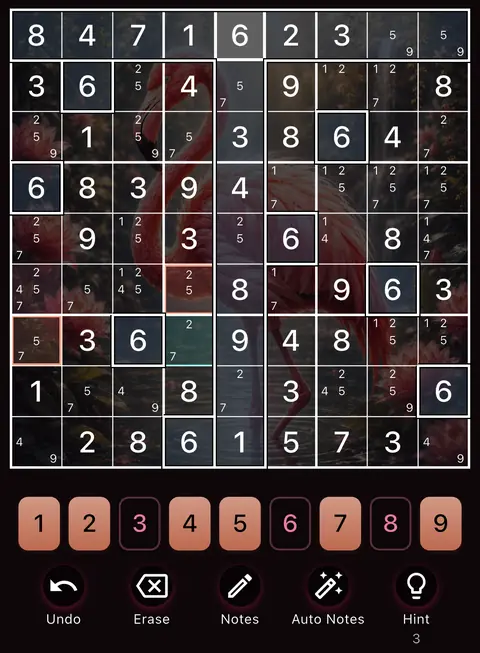 The Flamingo theme in dark mode: a Sudoku board, the number buttons and the Undo, Erase, Notes, Auto Notes and Hint buttons.