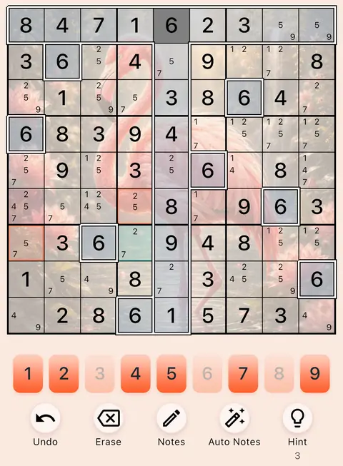 The Flamingo theme in light mode: a Sudoku board, the number buttons and the Undo, Erase, Notes, Auto Notes and Hint buttons.