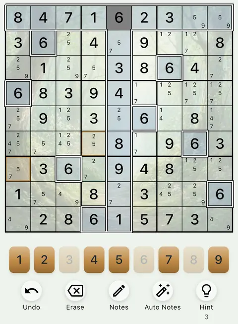 The Forest theme in light mode: a Sudoku board, the number buttons and the Undo, Erase, Notes, Auto Notes and Hint buttons.