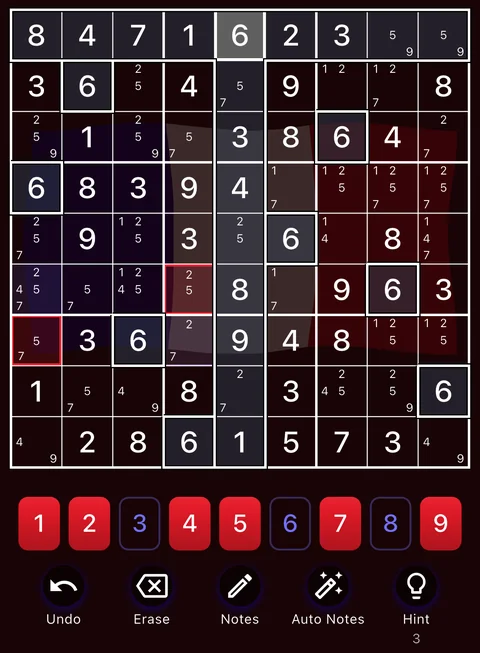 The France theme in dark mode: a Sudoku board, the number buttons and the Undo, Erase, Notes, Auto Notes and Hint buttons.