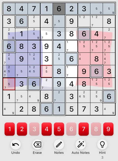 The France theme in light mode: a Sudoku board, the number buttons and the Undo, Erase, Notes, Auto Notes and Hint buttons.