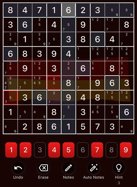 The Germany theme in dark mode: a Sudoku board, the number buttons and the Undo, Erase, Notes, Auto Notes and Hint buttons.