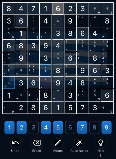 The Greece theme in dark mode: a Sudoku board, the number buttons and the Undo, Erase, Notes, Auto Notes and Hint buttons.