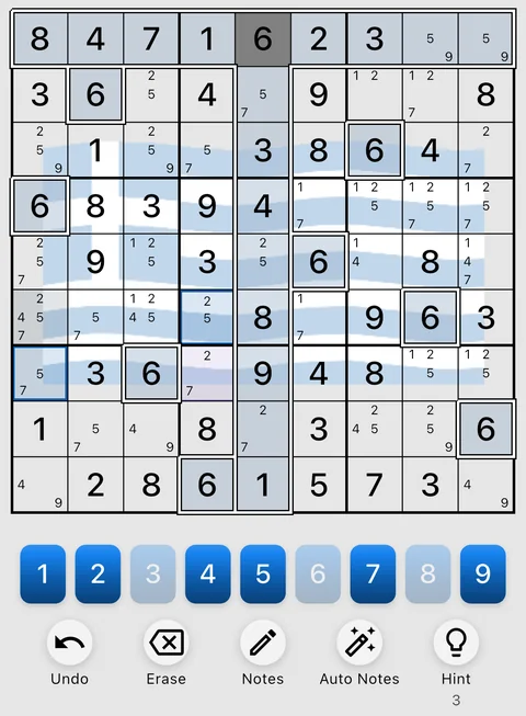 The Greece theme in light mode: a Sudoku board, the number buttons and the Undo, Erase, Notes, Auto Notes and Hint buttons.