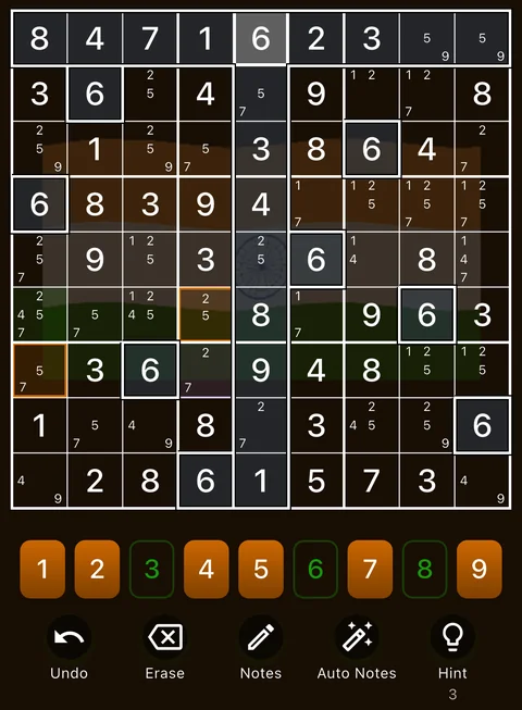 The India theme in dark mode: a Sudoku board, the number buttons and the Undo, Erase, Notes, Auto Notes and Hint buttons.