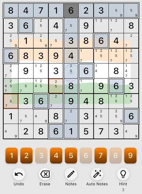 The India theme in light mode: a Sudoku board, the number buttons and the Undo, Erase, Notes, Auto Notes and Hint buttons.