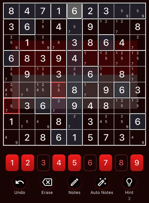 The Indonesia theme in dark mode: a Sudoku board, the number buttons and the Undo, Erase, Notes, Auto Notes and Hint buttons.