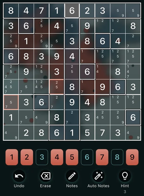 The Ink Bloom theme in dark mode: a Sudoku board, the number buttons and the Undo, Erase, Notes, Auto Notes and Hint buttons.