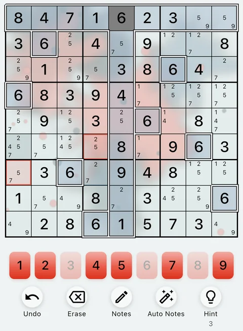 The Ink Bloom theme in light mode: a Sudoku board, the number buttons and the Undo, Erase, Notes, Auto Notes and Hint buttons.