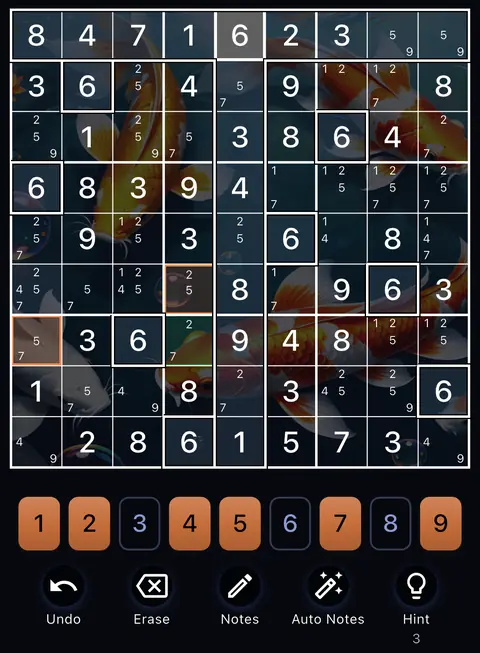 The Koi theme in dark mode: a Sudoku board, the number buttons and the Undo, Erase, Notes, Auto Notes and Hint buttons.