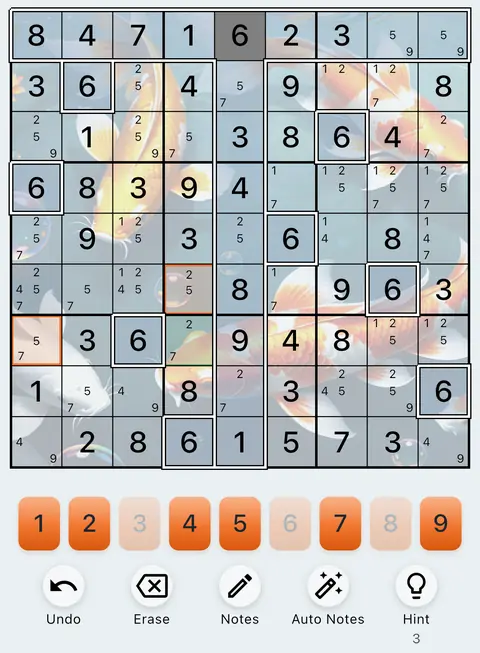 The Koi theme in light mode: a Sudoku board, the number buttons and the Undo, Erase, Notes, Auto Notes and Hint buttons.