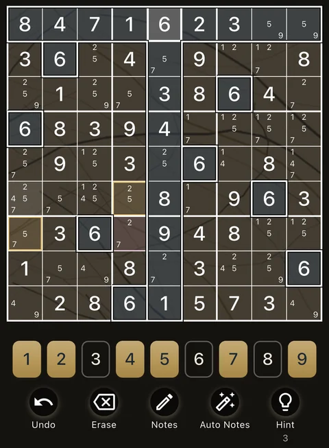 The Marble Veins theme in dark mode: a Sudoku board, the number buttons and the Undo, Erase, Notes, Auto Notes and Hint buttons.