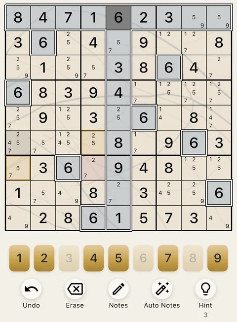 The Marble Veins theme in light mode: a Sudoku board, the number buttons and the Undo, Erase, Notes, Auto Notes and Hint buttons.