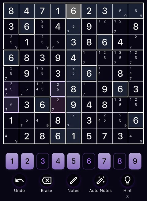 The Midnight Plum theme in dark mode: a Sudoku board, the number buttons and the Undo, Erase, Notes, Auto Notes and Hint buttons.