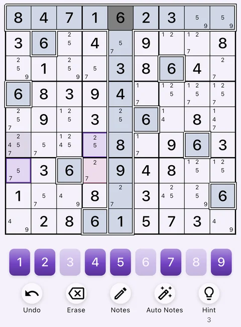 The Midnight Plum theme in light mode: a Sudoku board, the number buttons and the Undo, Erase, Notes, Auto Notes and Hint buttons.