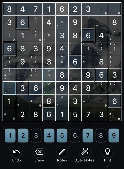 The Mountain theme in dark mode: a Sudoku board, the number buttons and the Undo, Erase, Notes, Auto Notes and Hint buttons.