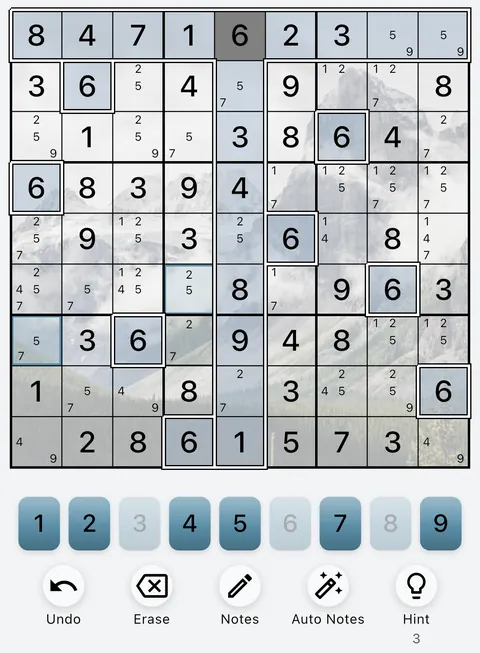 The Mountain theme in light mode: a Sudoku board, the number buttons and the Undo, Erase, Notes, Auto Notes and Hint buttons.