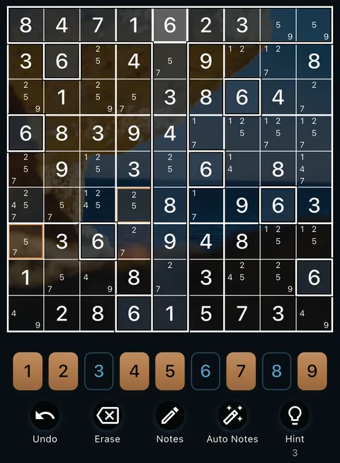 The Ocean theme in dark mode: a Sudoku board, the number buttons and the Undo, Erase, Notes, Auto Notes and Hint buttons.