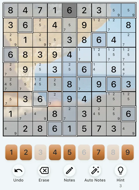 The Ocean theme in light mode: a Sudoku board, the number buttons and the Undo, Erase, Notes, Auto Notes and Hint buttons.