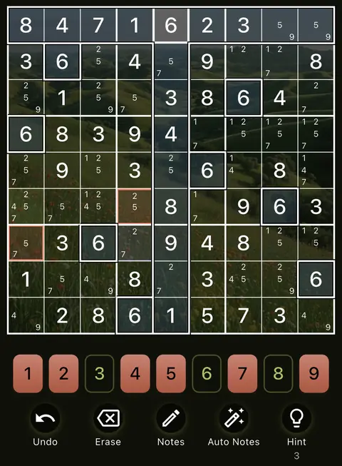 The Plains theme in dark mode: a Sudoku board, the number buttons and the Undo, Erase, Notes, Auto Notes and Hint buttons.