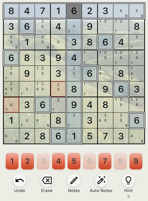 The Plains theme in light mode: a Sudoku board, the number buttons and the Undo, Erase, Notes, Auto Notes and Hint buttons.