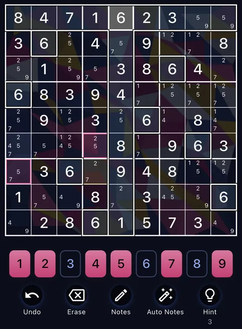 The Prism Fracture theme in dark mode: a Sudoku board, the number buttons and the Undo, Erase, Notes, Auto Notes and Hint buttons.