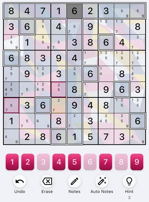 The Prism Fracture theme in light mode: a Sudoku board, the number buttons and the Undo, Erase, Notes, Auto Notes and Hint buttons.