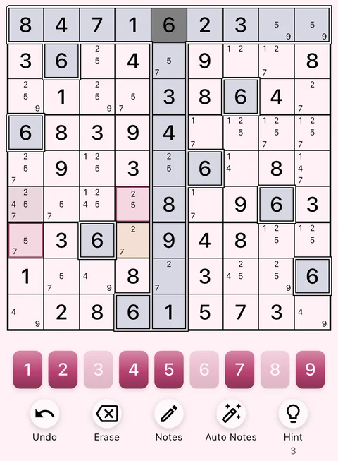The Rose Quartz theme in light mode: a Sudoku board, the number buttons and the Undo, Erase, Notes, Auto Notes and Hint buttons.