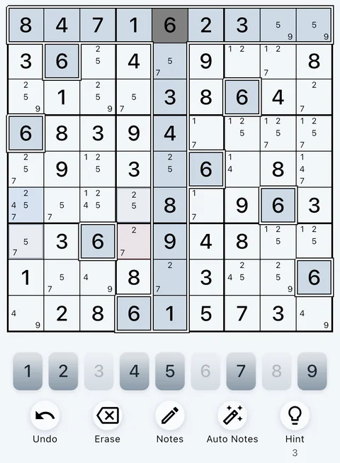 The Sapphire theme in light mode: a Sudoku board, the number buttons and the Undo, Erase, Notes, Auto Notes and Hint buttons.